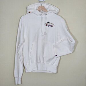 Champion Hoodie Womens XS White Graphic Print Kanga Pocket LS Reverse Weave FLAW
